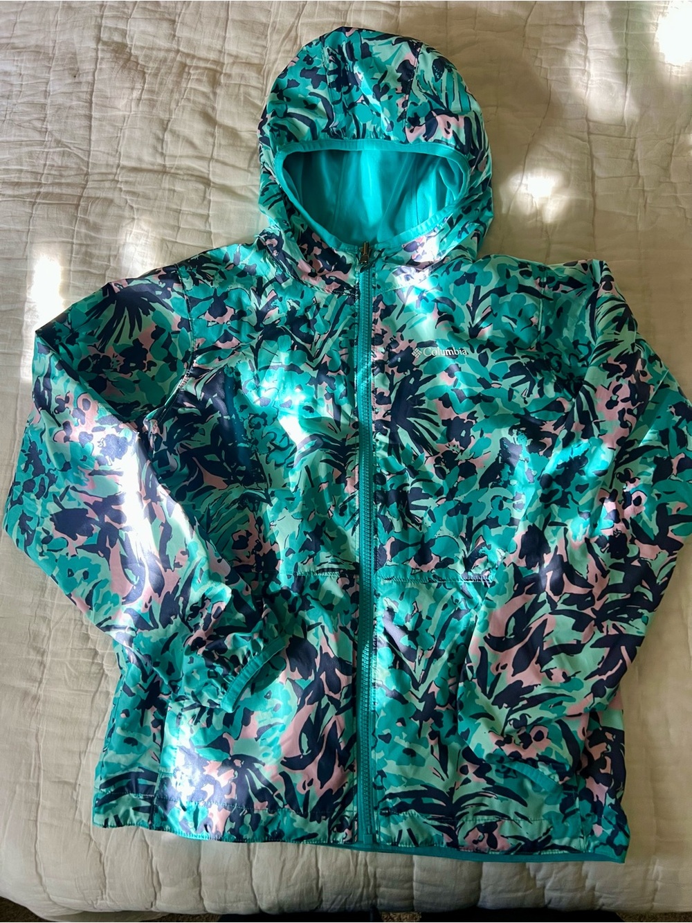 Girls' Teal Floral Hooded Rain Jacket
